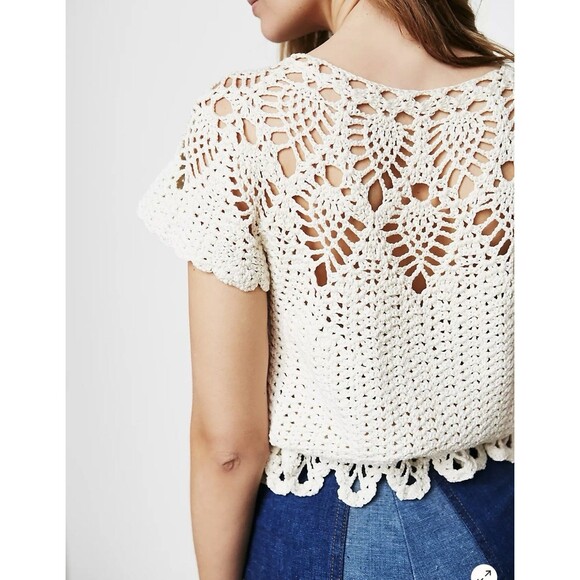 Free People Vintage 60s Crochet Cinched Waist Top Ivory RARE! - Picture 4 of 9